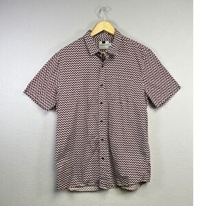 TOPMAN Mens Geometric Print Short Sleeve Button Up Shirt Burgundy White‎ Size L